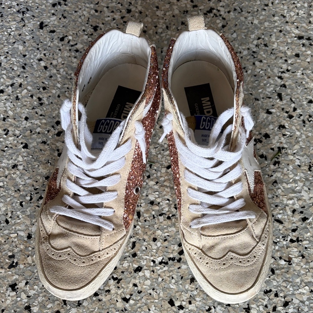 Golden Goose Beige and Glitter Brown Sneakers